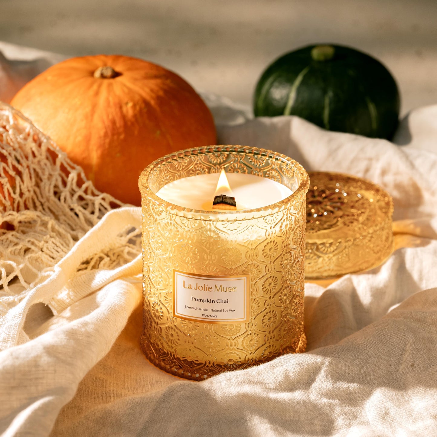 LA JOLIE MUSE Pumpkin Chai Home Scented Candle for Fall | 19 oz Non Toxic Natural Soy | Luxury Large Jar Candle for Home | Decor Gifts for Women & Men | Wood Wick