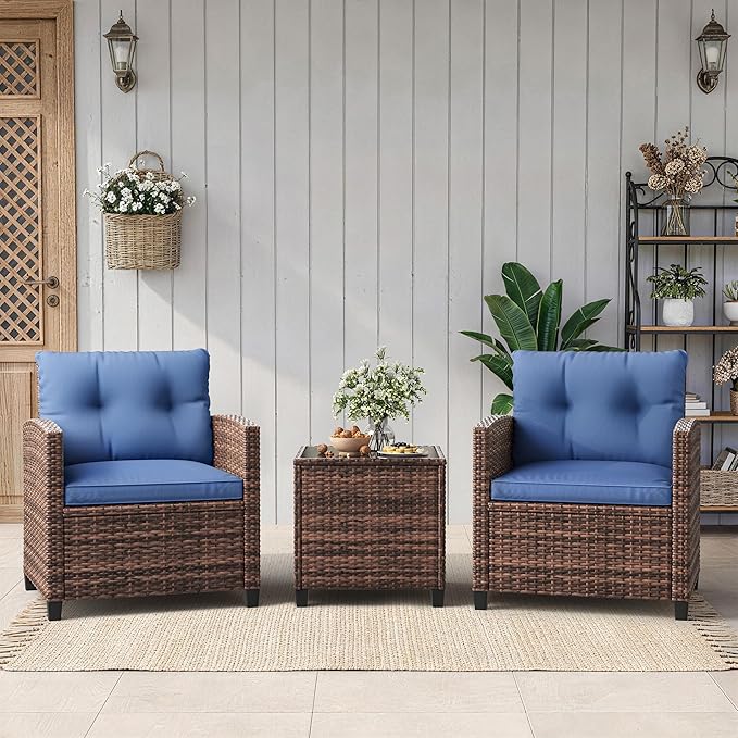 Garvee Outdoor Wicker Chairs, 3 Pieces Patio Furniture Set, All Weather High