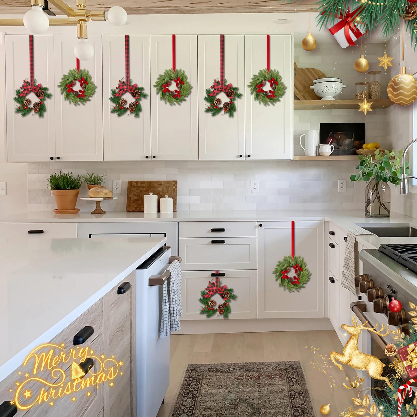 Ogrmar 12 Pcs Mini Christmas Kitchen Cabinet Wreaths with Ribbon, 2 Styles Hanging Christmas Wreath, Small Kitchen Xmas Decoration for Fireplace Kitchen Door Stair Window