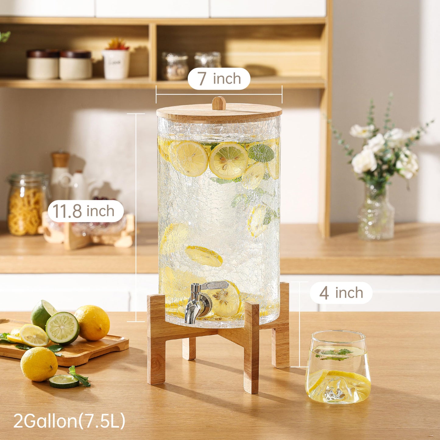 Cryyam 2 Gallon Glass Drink Dispenser with Stand, Beverage Dispenser with Wood Lid and Stainless Steel Spigot, Glass Water Dispenser for Parties, Ideal for Juice, Tea, Lemonade, and More