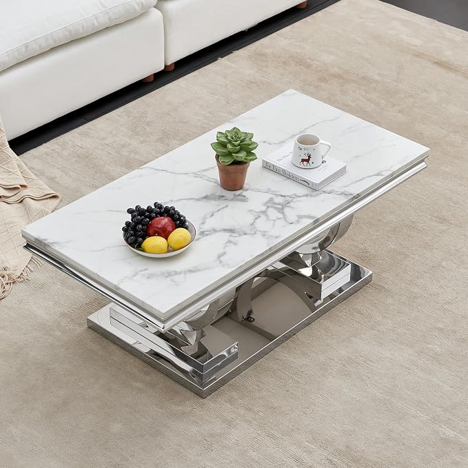 2 Piece Living Room Table Set Include 1 Faux Marble Coffee Table & 1 End Table, Modern White Silver Coffee Table Set of 2 with Double O Shape Stainless Steel Pedestal Base