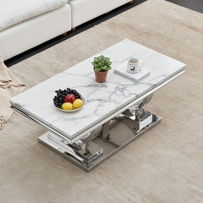 2 Piece Living Room Table Set Include 1 Faux Marble Coffee Table & 1 End Table, Modern White Silver Coffee Table Set of 2 with Double O Shape Stainless Steel Pedestal Base