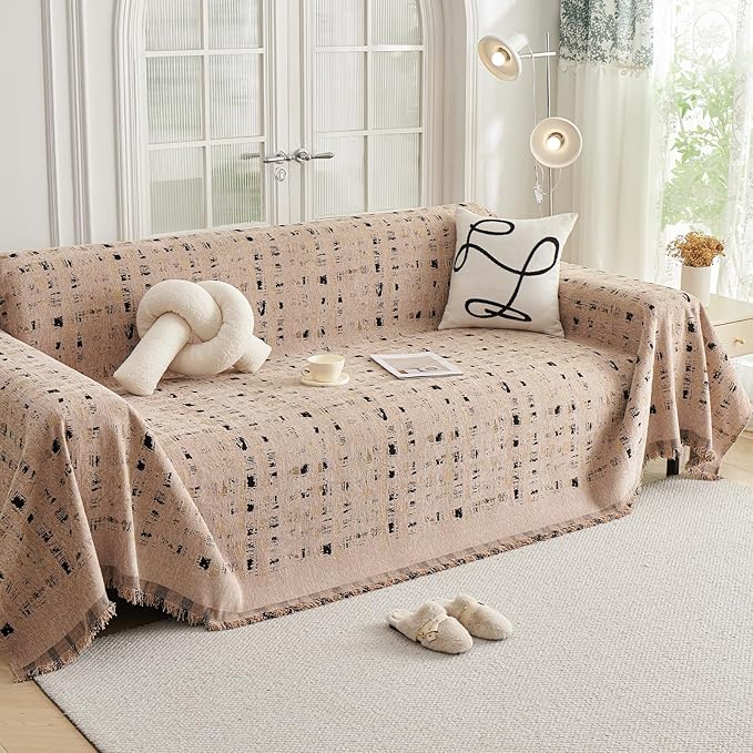 DREAMINGO Abstract Chenille Couch Cover Blanket Coffee Black Boho Sofa Cover