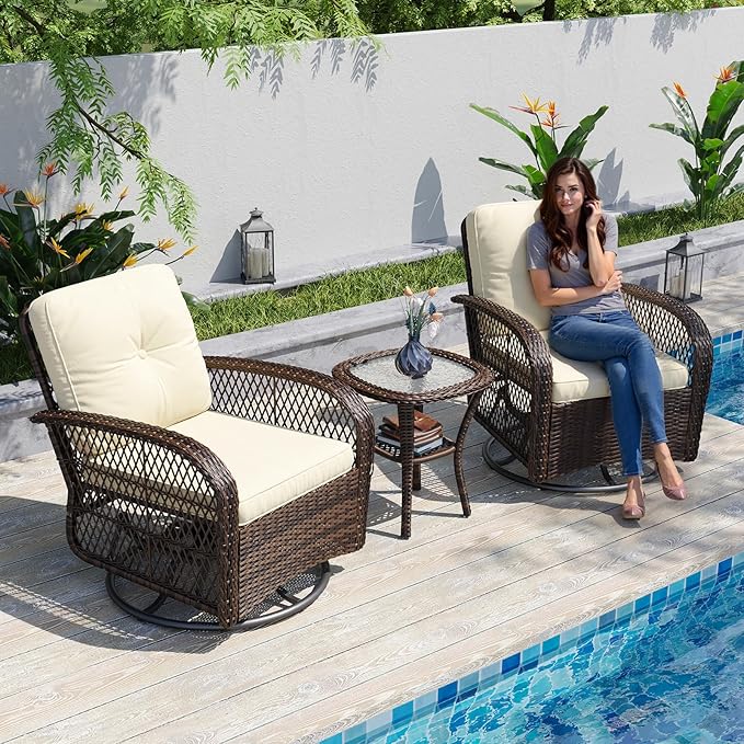 Aoxun 3 Pieces Patio Furniture Set, Patio Swivel Rocker Chairs Set of 2
