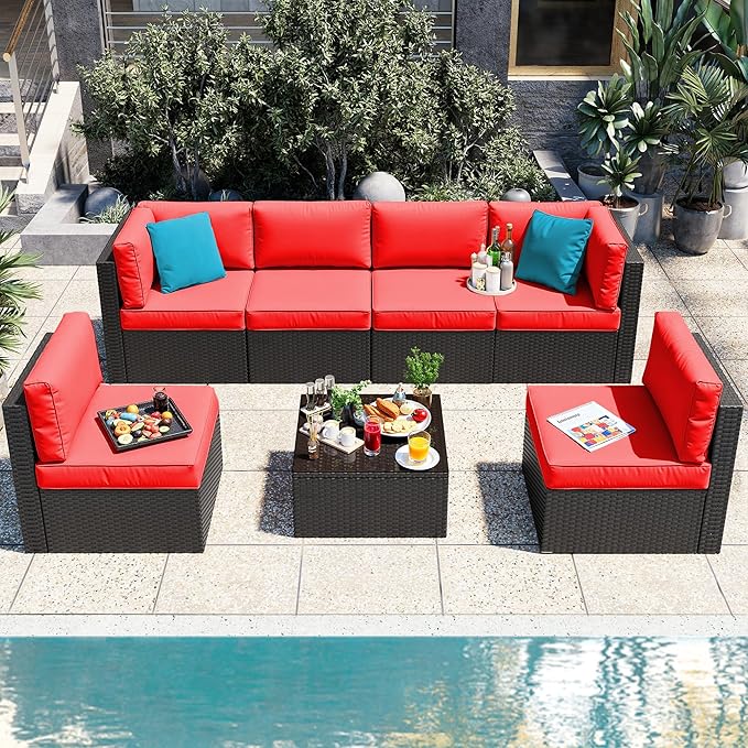 Vongrasig 7 Pieces Patio Furniture Sets, Outdoor All-Weather Wicker Patio