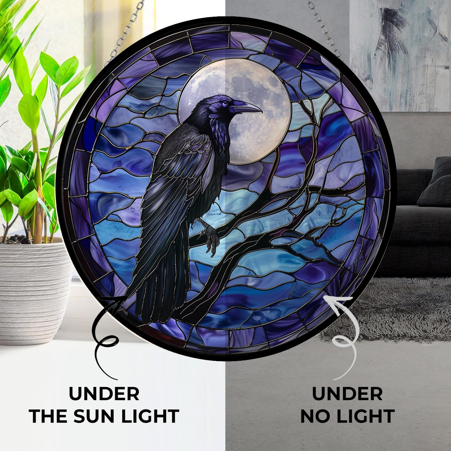 365CUSGIFTS Moon Crow Stained Glass Window Hanging Sun Catcher Halloween Haning Ornament Decoration Christmas Birthday Gifts for Lover and Friends