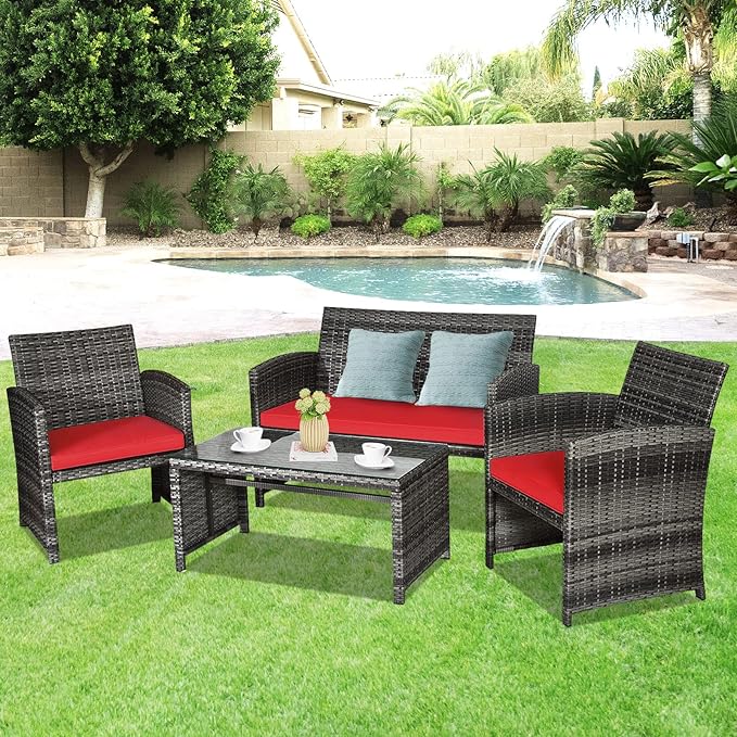 Goplus 4-Piece Rattan Patio Furniture Set, Outdoor Wicker Conversation Sofa