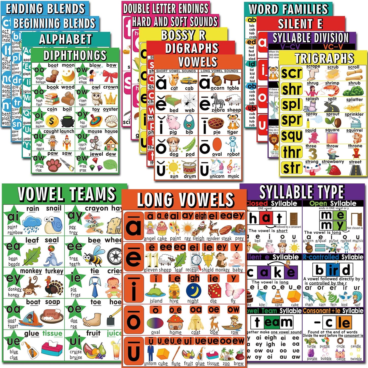 16 English Phonics Posters Language Arts Charts for Kids Toddler Learning Vowels Posters, Phonics Poster for Classroom, Digraphs and Blends Poster, Sound Wall Phonics Chart, Boho Classroom
