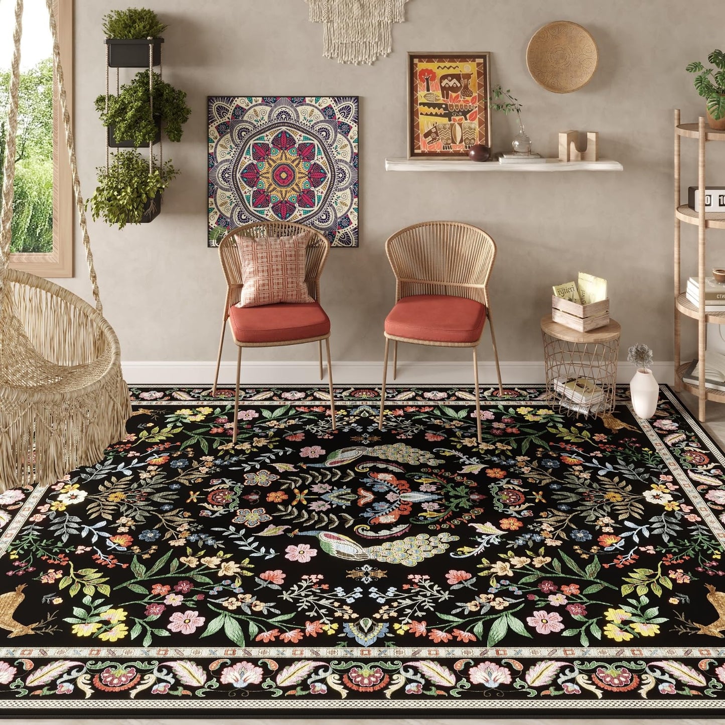 Living Room Rug 5x7 Rug Machine Washable Area Rug Floral Non-Slip Low Pile Large Rugs for Living Room, Bedroom, Farmhouse, Dining Room, Kids Playroom (Vibrant Black)