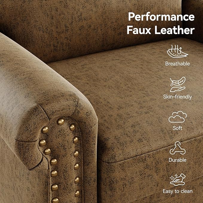 Nailhead Trim Accent Chairs Set of 2, Faux Leahter Mid Century Modern Living
