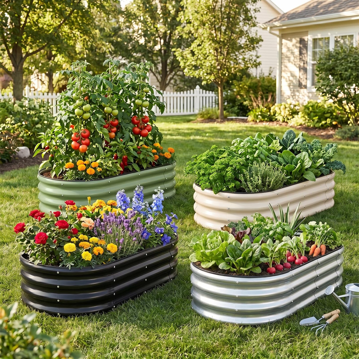 Galvanized Raised Garden Bed- Planter Garden Boxes Outdoor, Raised Beds for Gardening, 4x2x1ft Metal Garden Bed Kit for Vegetables Flower, Planter Raised Bed with Protective Tape & Tools.Silver-4pack