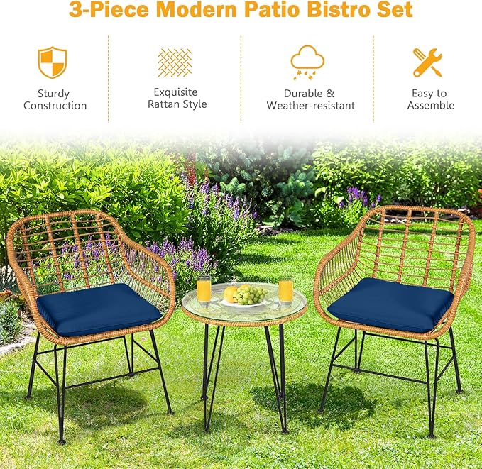 Tangkula 3 Pieces Patio Bistro Set, Rattan Conversation Set