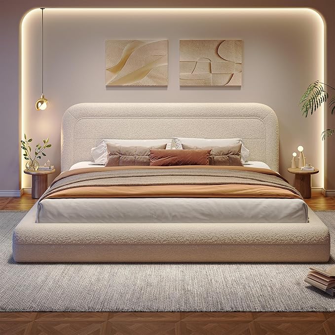 Homkdom Cloud Bed Frame and Headboard, Upholstered Soft King Size Bed Frame