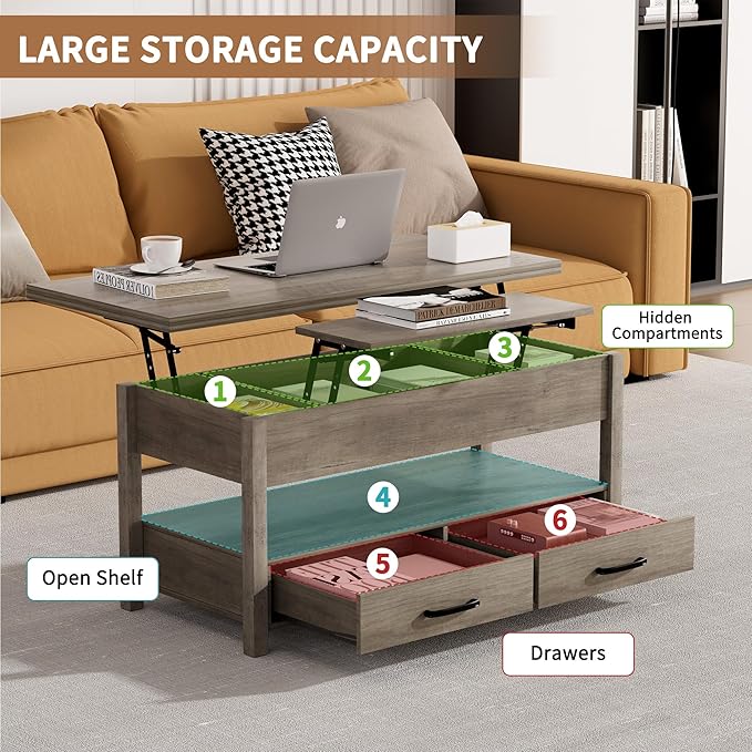 SYESWAY 42'' Lift Top Coffee Table, 4-in-1 Multifunctional Lift Coffee Table