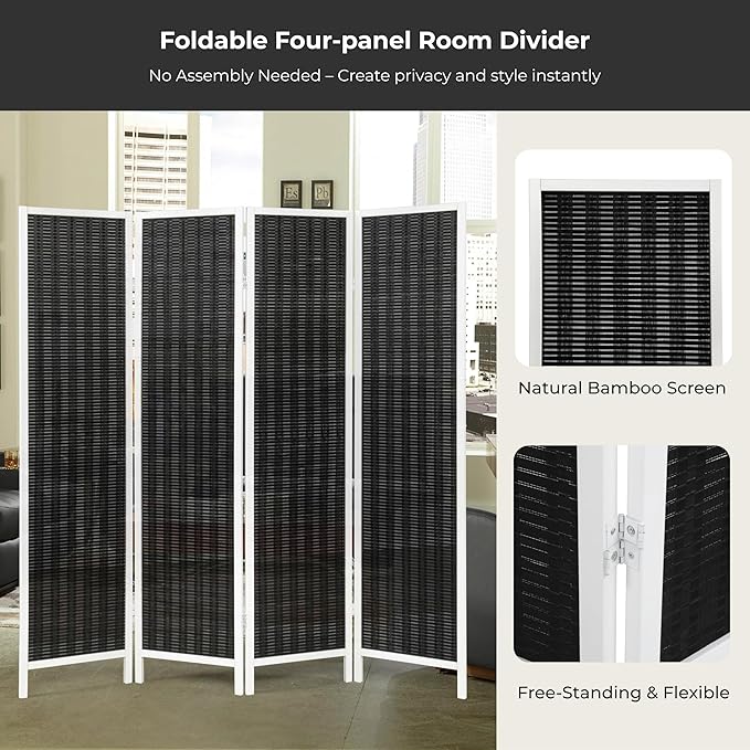 Roundhill Furniture Inkwell 4-Panel Bamboo Room Divider, Folding Portable