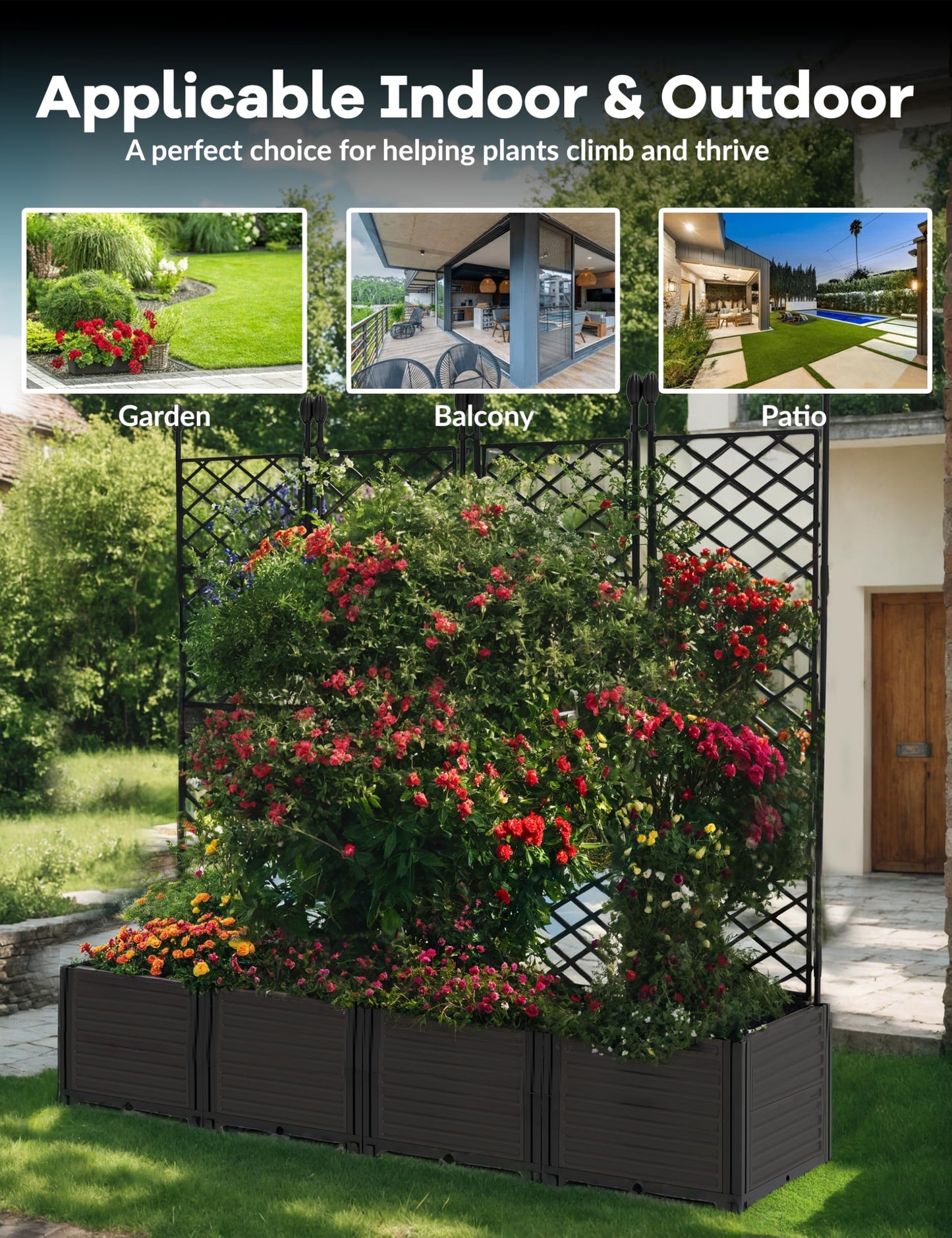 BouPower 4pcs Raised Garden Bed with Trellis & Privacy Screen, 63" h Tall Vertical Planter Box for Climbing Plants, Outdoor Garden Planter Box with Drainage Holes for Patio Balcony, Black