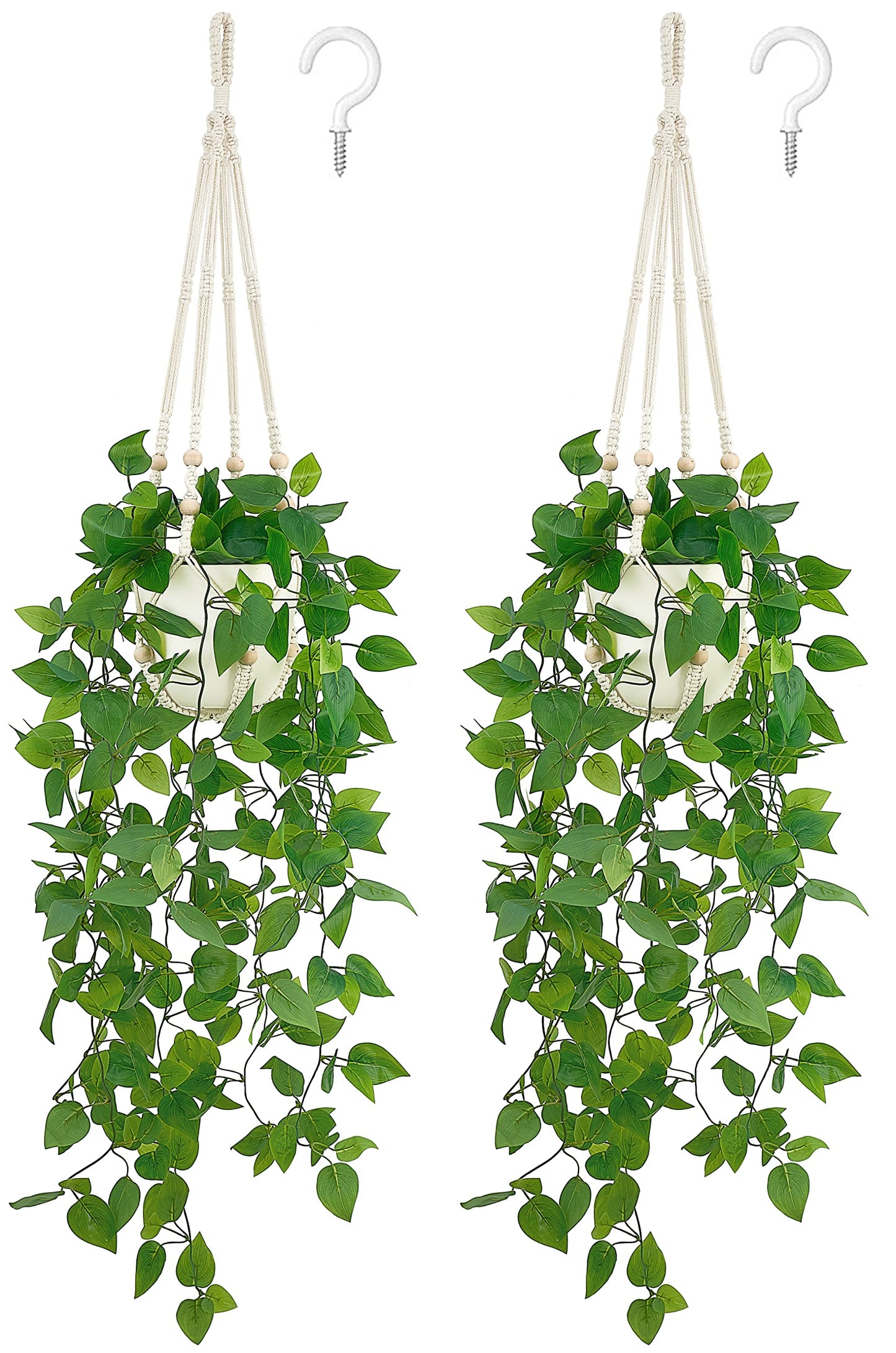 Mkono 2 Packs Fake Hanging Plant with Pot, Artificial Plants Macrame Plant Hanger Fake Vine Greenery for Bedroom Bathroom Home Office Decor