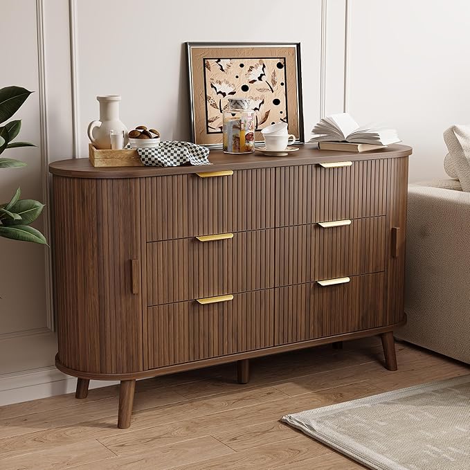 Decofy Fluted 6 Drawers Dresser, Curved Profile & Sturdy Legs, Wood TV Stand