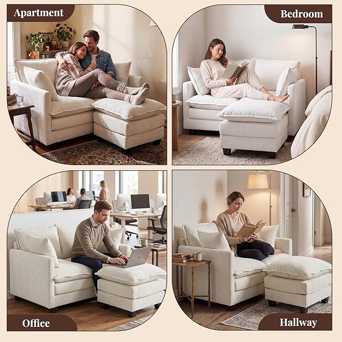 Loveseat Sofa with Ottoman, Cloud 3-Layer Cushion & 27" Deep Seat Modern Small