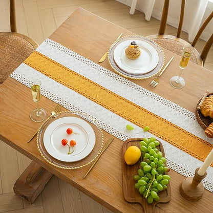 FEXIA Boho Table Runner for Summer Home Decor with Tassels 72 Inches Long Farmhouse Yellow Rustic Table Decoration Macrame Burlap Decor for Living Room Bridal Shower (12x72 Inches)