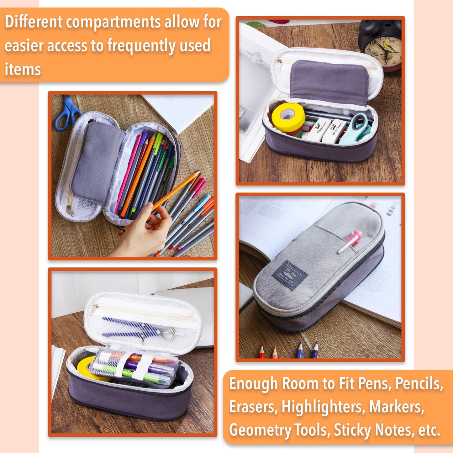 Mr. Pen- Pencil Case Large, Fabric Pencil Pouch Large, Grey, Pen Bag, School Supplies, Pencil Pouch Cute (Pack of 2)