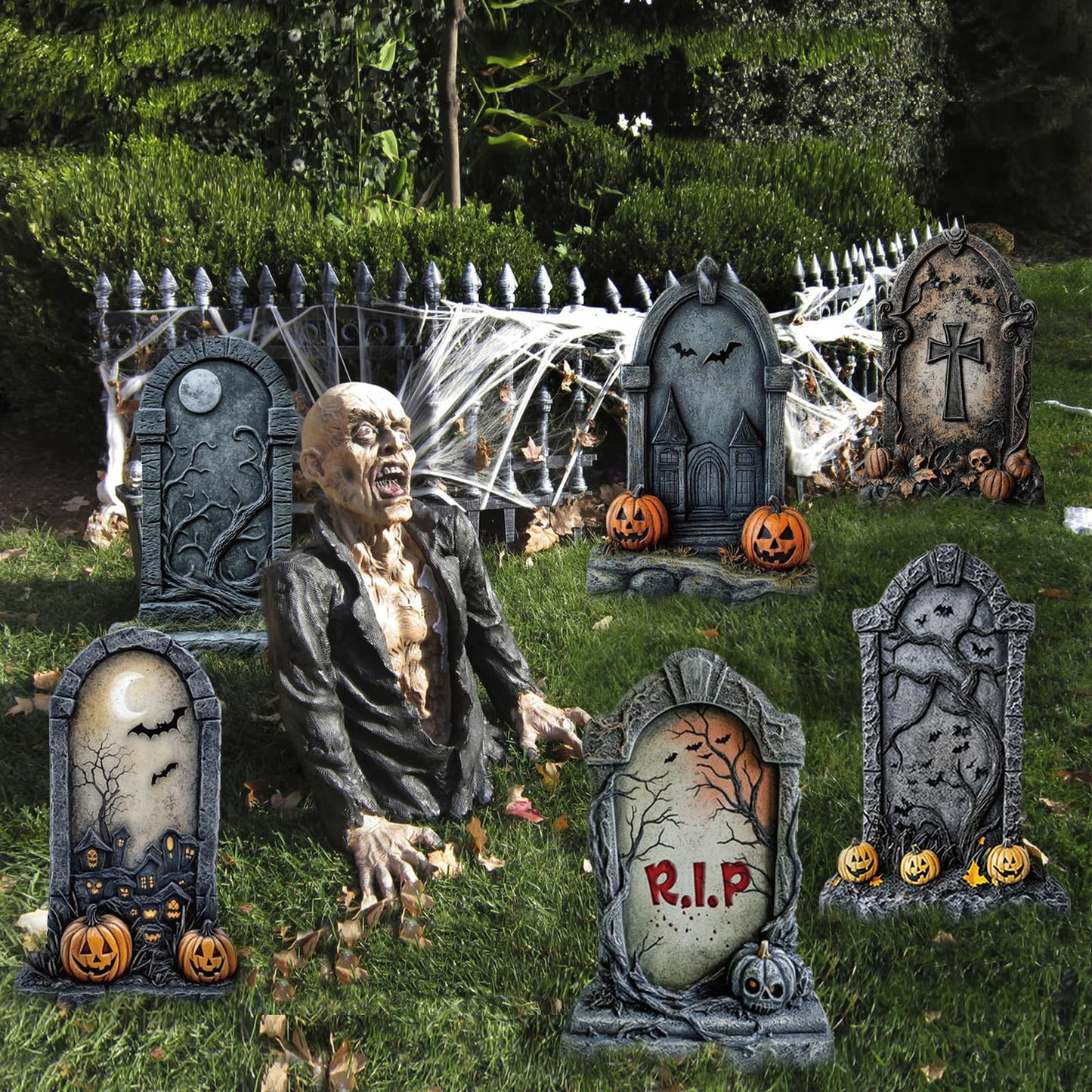ORNALES 6 Pieces Halloween Tombstone Yard Signs, Waterproof Tombstone Halloween Yard Decorations with Stakes, Ghost Skull Pumpkin Graveyard Design for Outdoor Yard, Garden Lawn, Holiday Party