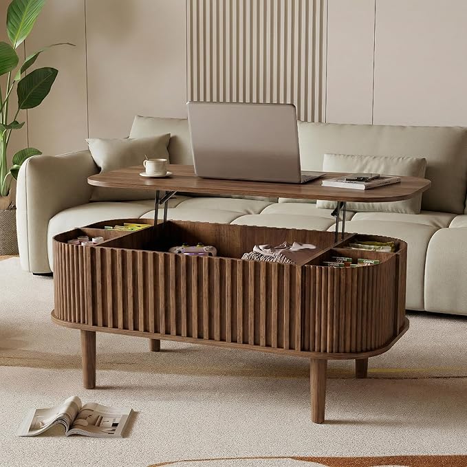 Lift Top Coffee Table with Storage, Faux Marble Top, Wood Fluted Center Table