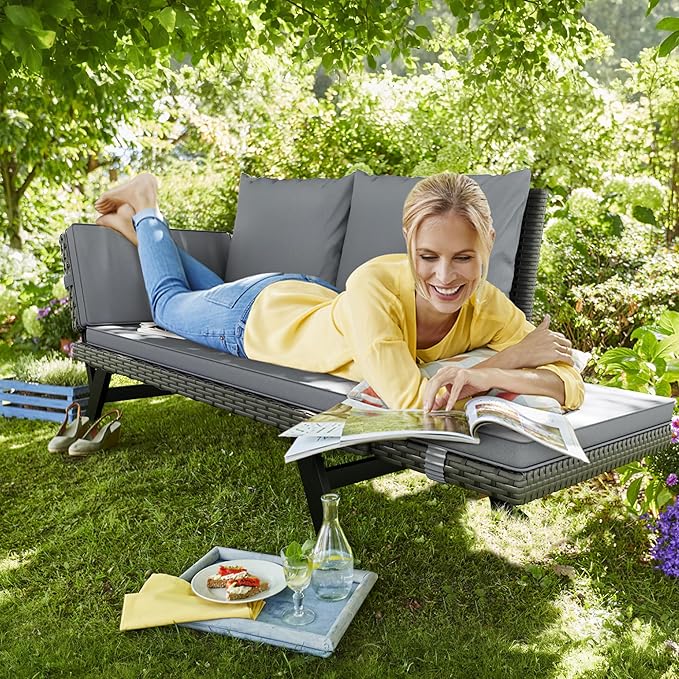 Flamaker Outdoor Convertible Sofa, Woven Rattan Patio Furniture Sunbed