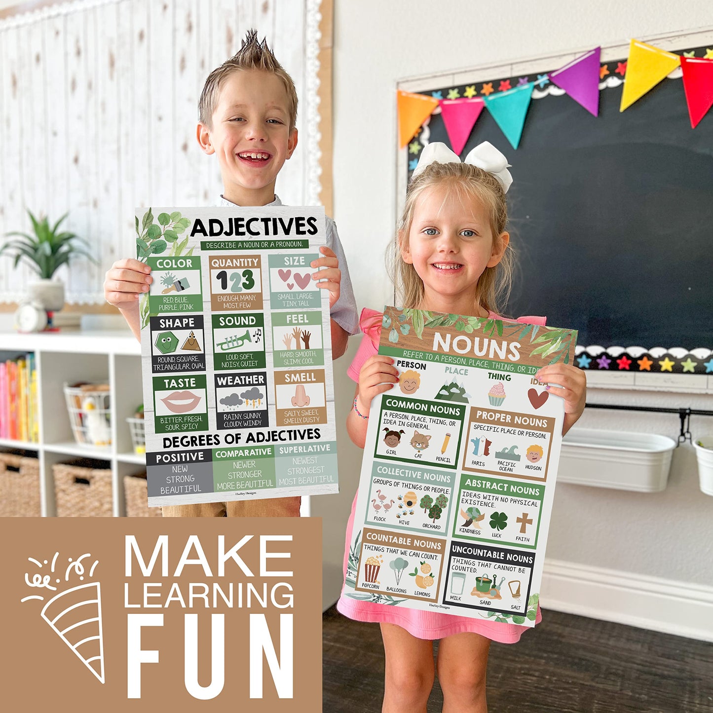 Parts of Speech Posters for Classroom Must Haves - 12 Grammar Posters, Writing Process for Homeschool, Elementary & Middle School, ELA 3rd 4th & 5th Grade Teacher Must Haves, Farmhouse Classroom Decor