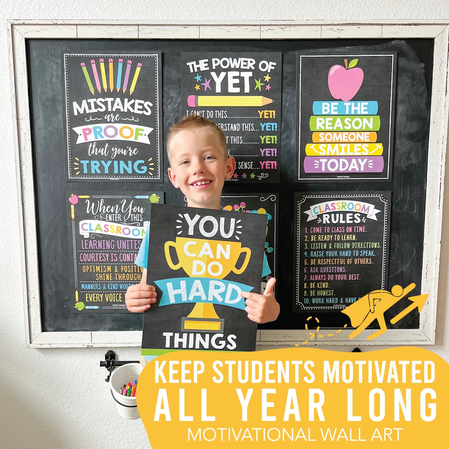 Hadley Designs Motivational Posters for Classroom Decor -9 Growth Mindset Classroom Posters Elementary, Positive Poster Middle School, Inspirational Wall Art, Chalkboard Teacher Bulletin Board Decor