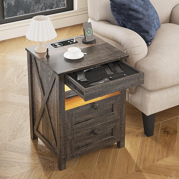 HWB LED Nightstand with Gun Drawer: Bedside Table with Charging Station
