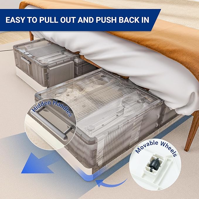 FLEXIMOUNTS 3-Pack Under Bed Storage with Wheels, 108 QT Large Collapsible & Stackable Containers, Foldable Organizer Bins for Blankets, Shoes, Books, Bedroom Closet