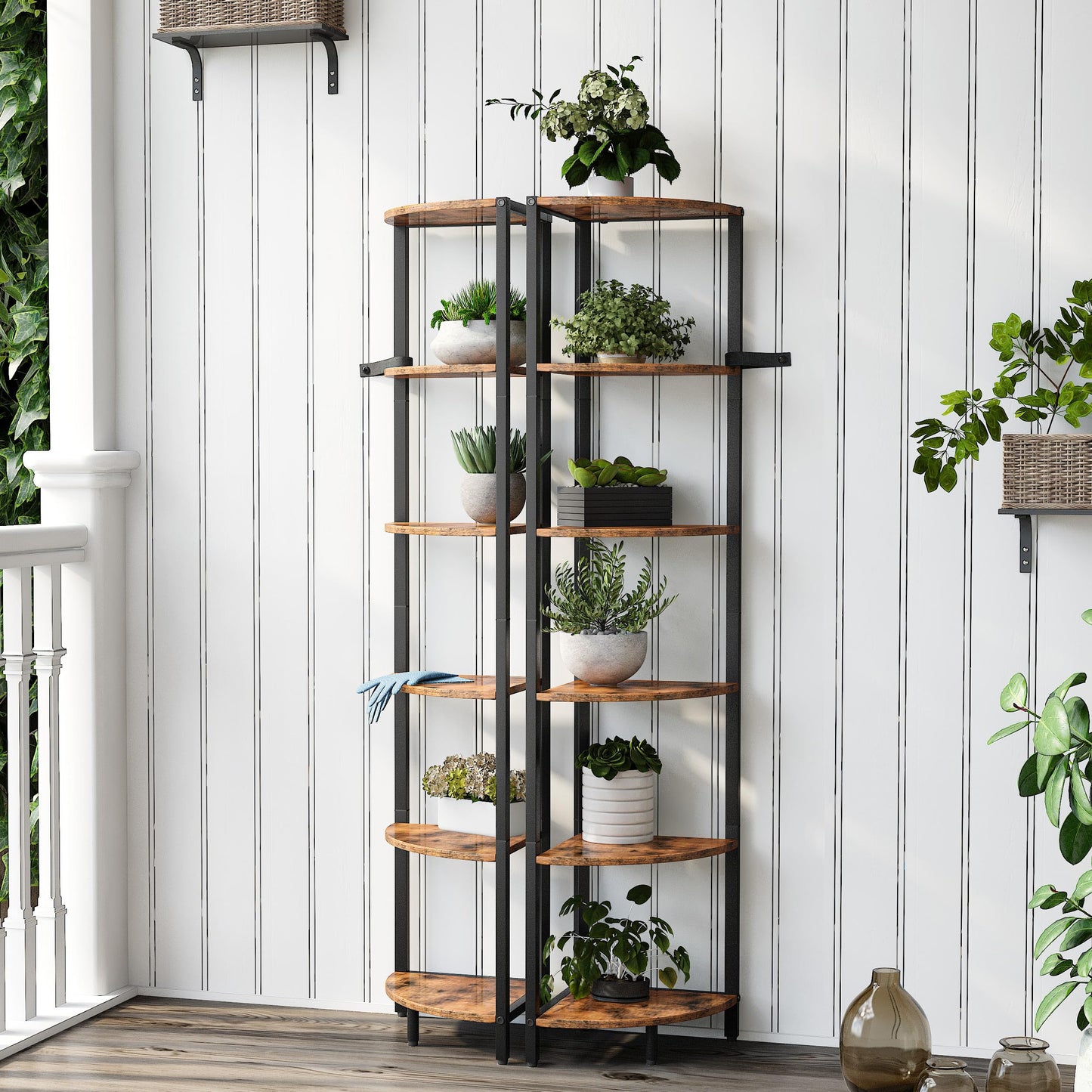6 Tier Corner Shelf 63.1" Tall Corner Shelves stand Ladder shelf metal Standing Bookshelf Organizer Display Rack Bookcase Plant Stand Industrial style for Living Room Bedroom rustic Brown CS-001RB