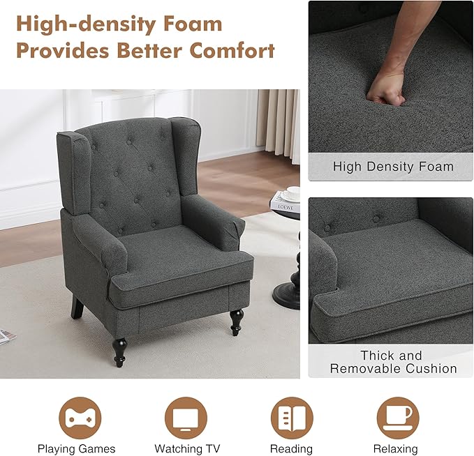 Accent Chair for Living Room, Mid Century Modern Upholstered Armchair, Wingback