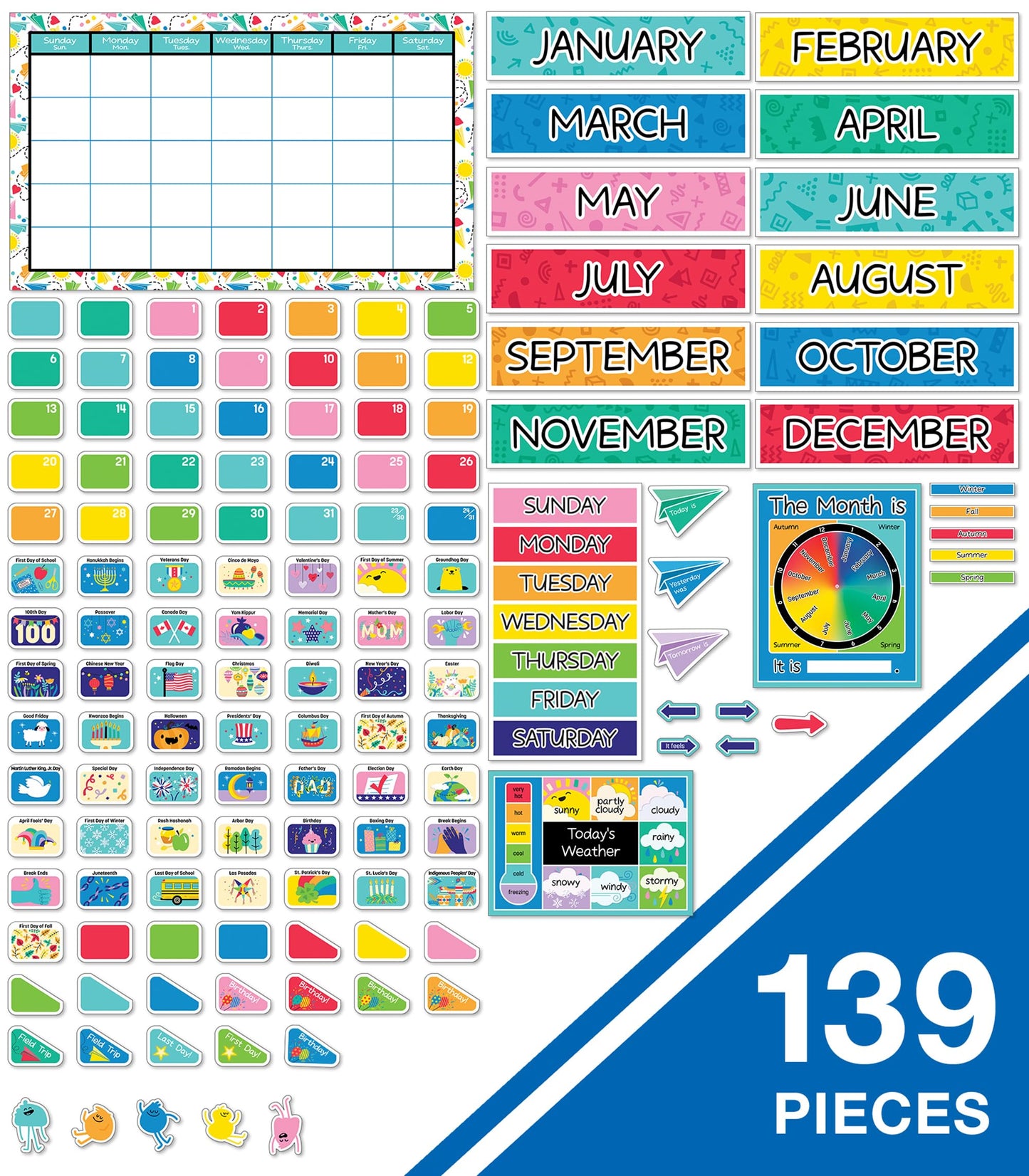 Carson Dellosa Happy Place 139 pc Set Calendar, Monthly Headers, Birthday, Holidays, Numbers Cover Ups, Seasons, Weather, and Days of The Week Chart for Classroom, Bulletin Board, Wall Decor