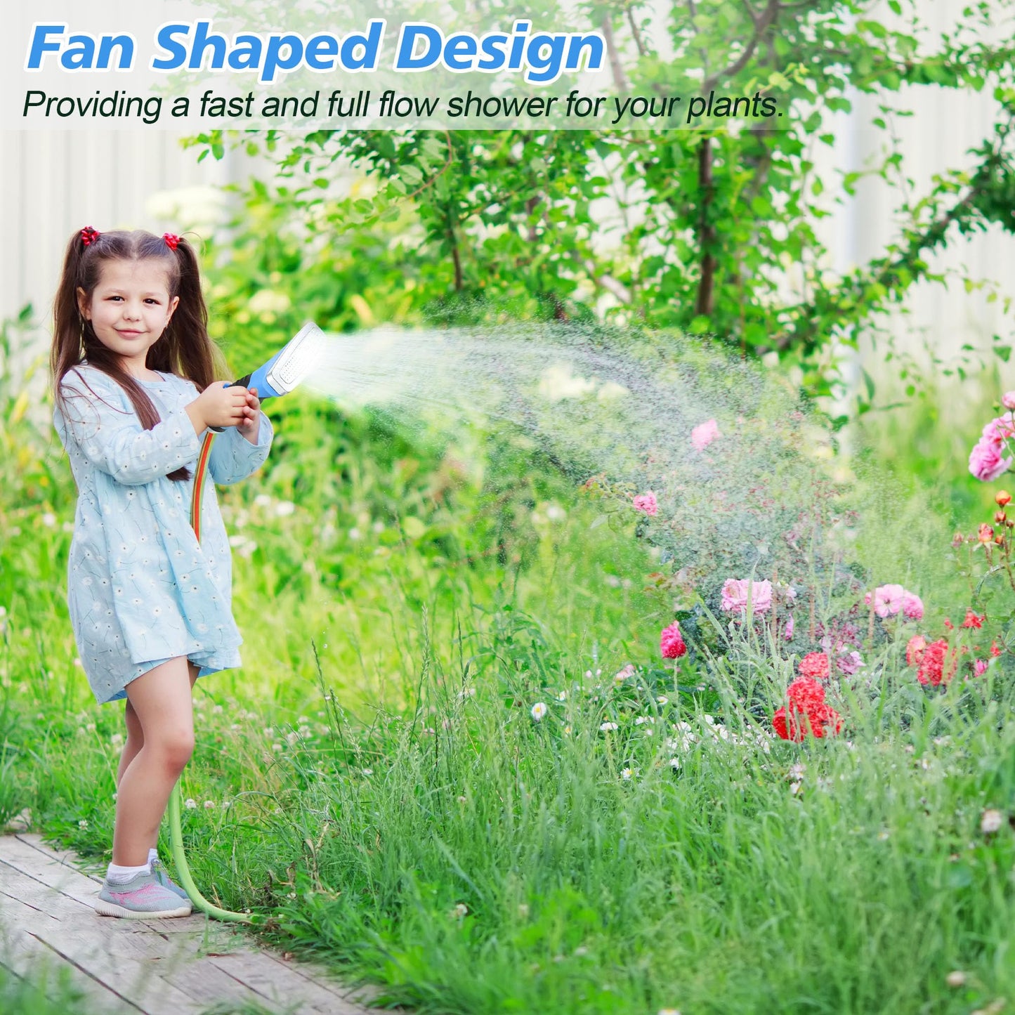 Dreyoo Fan Spray Nozzle for Garden Hose, Heavy Duty Garden Hose Head Spray for Watering Wand with Flow Control and Ergonomic Insulated Grip, Blue (1 Pack)