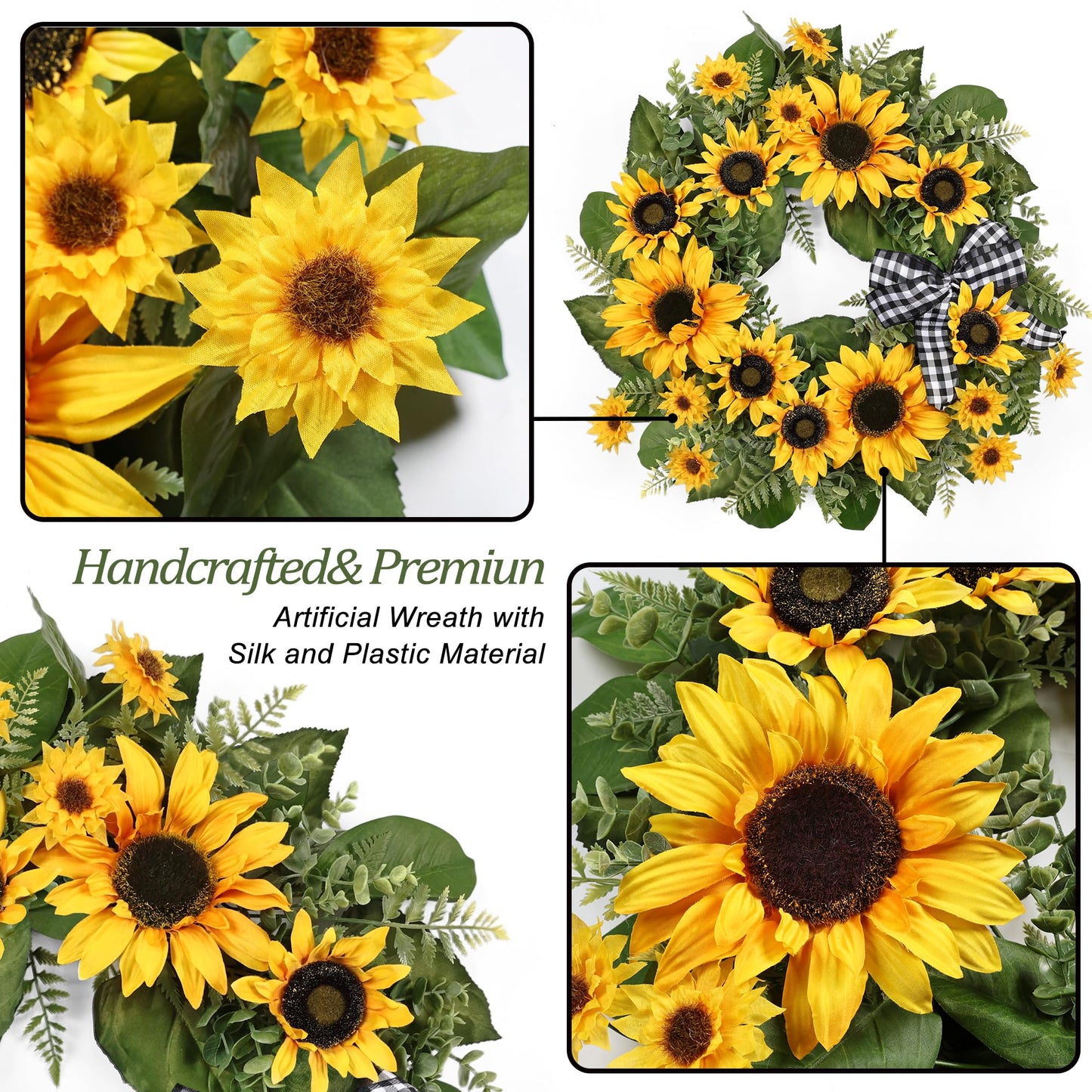 24 Inch Large Sunflower Spring Summer Wreath for Front Door, All Season Wreath with Bow Wreaths for Unique Housewarming Gift, Porch Wall Farmhouse Home Wedding Holiday Decor