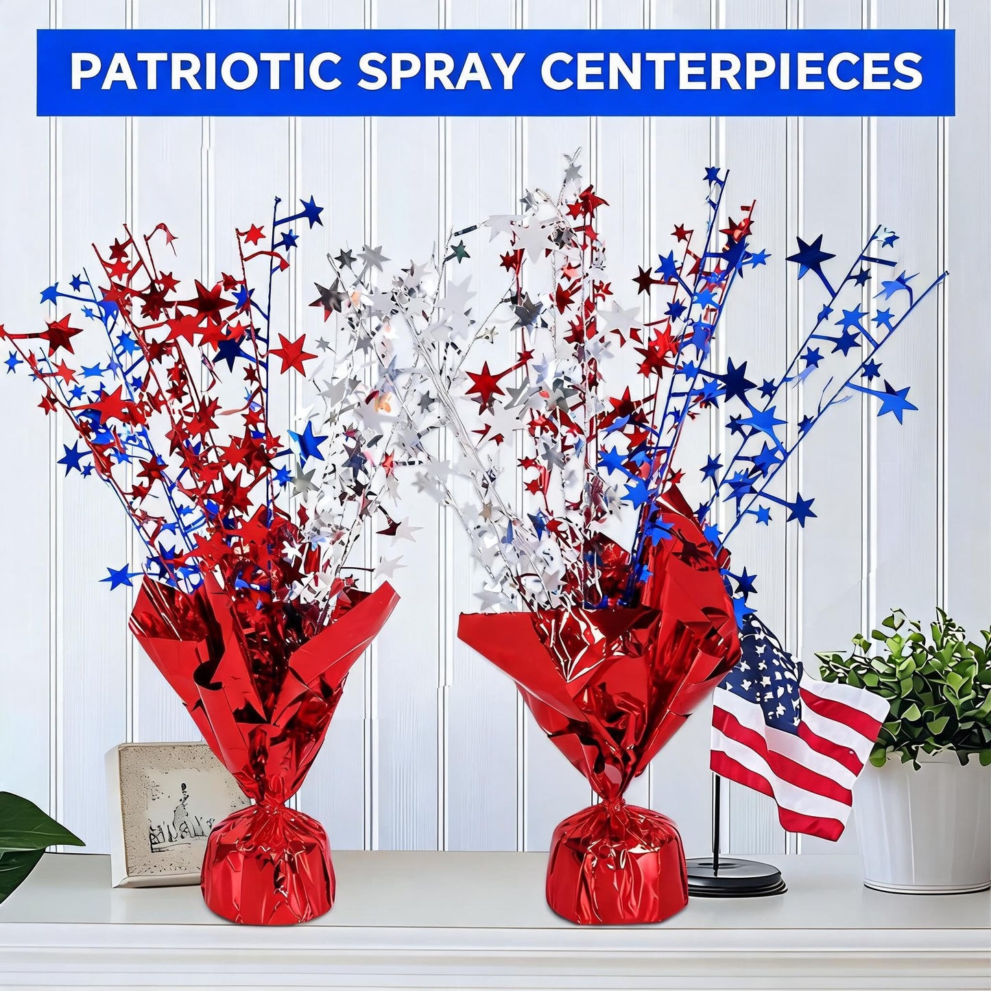 6 Pack 4th of July Table Centerpiece Decoration, Metallic Foil Spray Star Burst Patriotic Decor for 250th Anniversary Independence Day, Holiday Memorial Day Party Supplies Decor (Silver&Blue&Red)