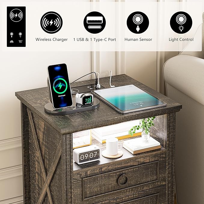 Nightstand Set 2 with Charging Station, Farmhouse End Side Table with 3 Drawers