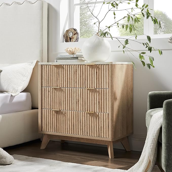 T4TREAM Fluted 3 Drawers Nightstand Set of 2, Oversized Extra Large Modern Side