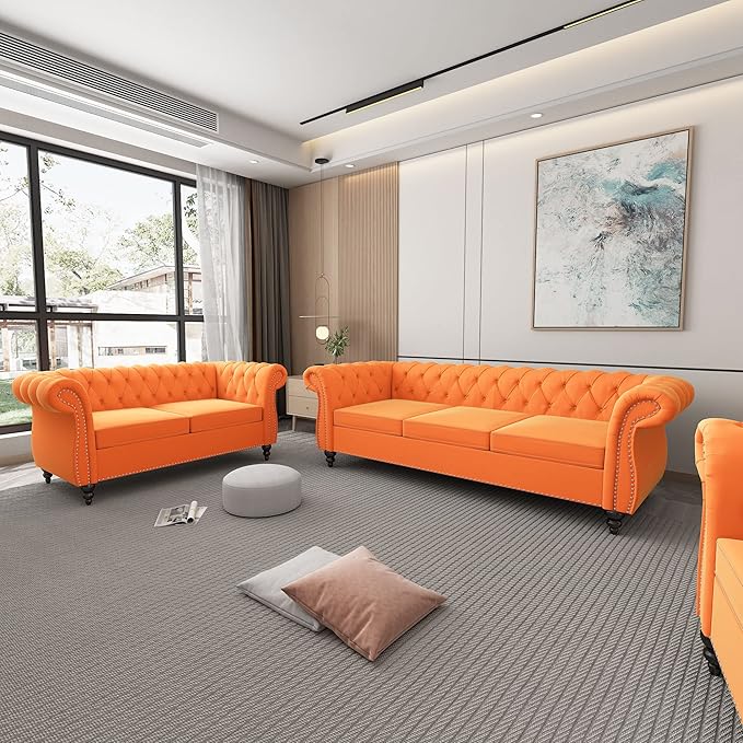ORRD 2 Piece Living Room Set, Velvet Chesterfield Sofa Loveseat Couch