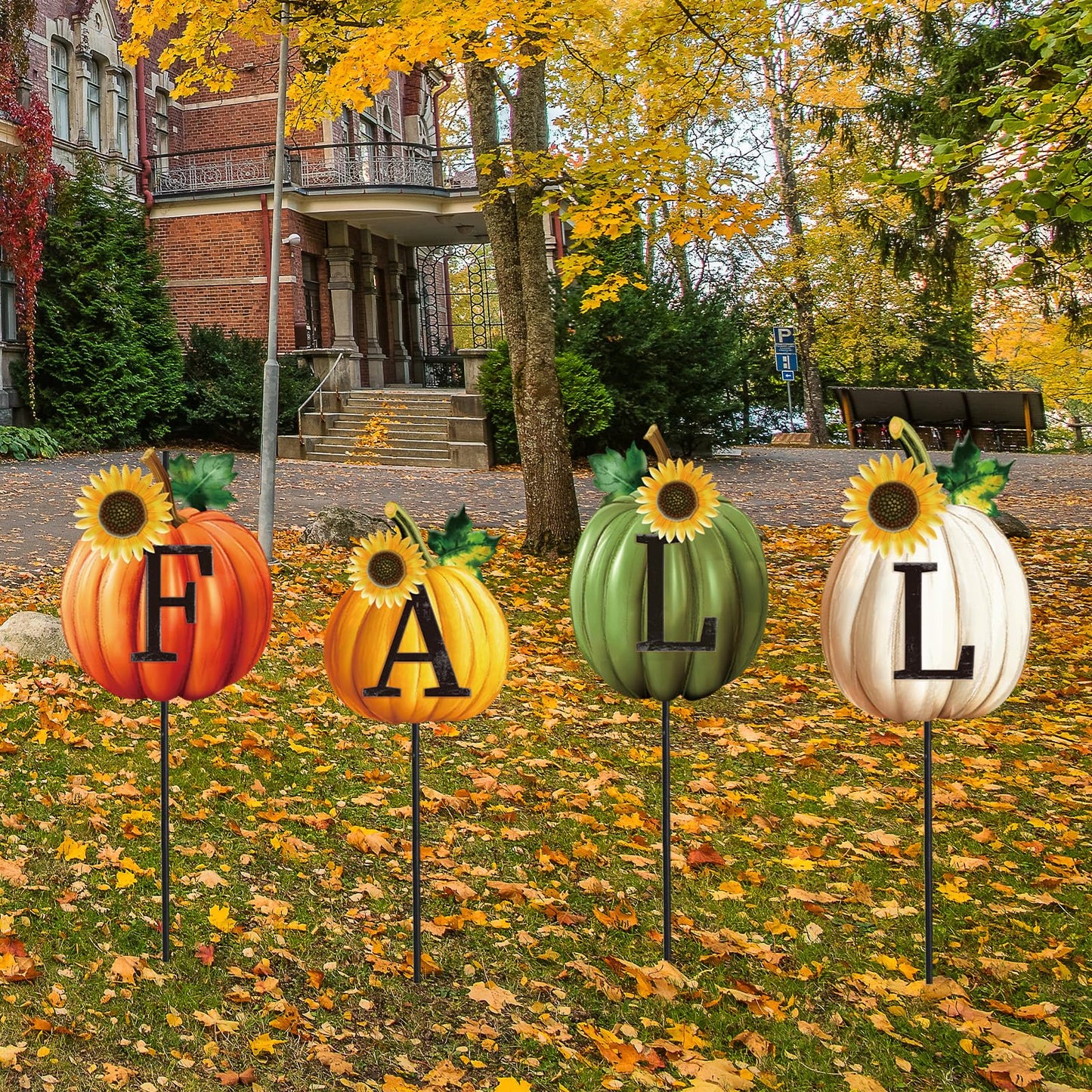 JarThenaAMCS Set of 4 Thanksgiving Pumpkin Metal Garden Stakes Fall Pumpkin Decorative Lawn Sign Seasonal Autumn Welcome Yard Sign for Harvest Home Outside Lawn Porch Decor