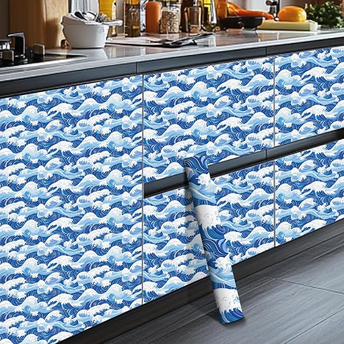 HOMETITUTE Ocean Blue Wave Pattern Wallpaper Peel and Stick Self Adhesive Vinyl