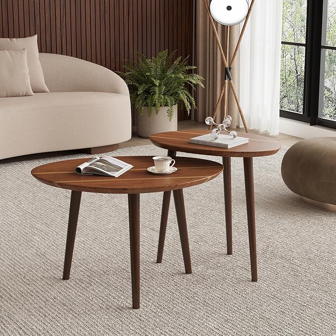Small Oval Coffee Tables Set, Acacia Wood Nesting Tables（25.6"x17.7"+17.7"x13.4"