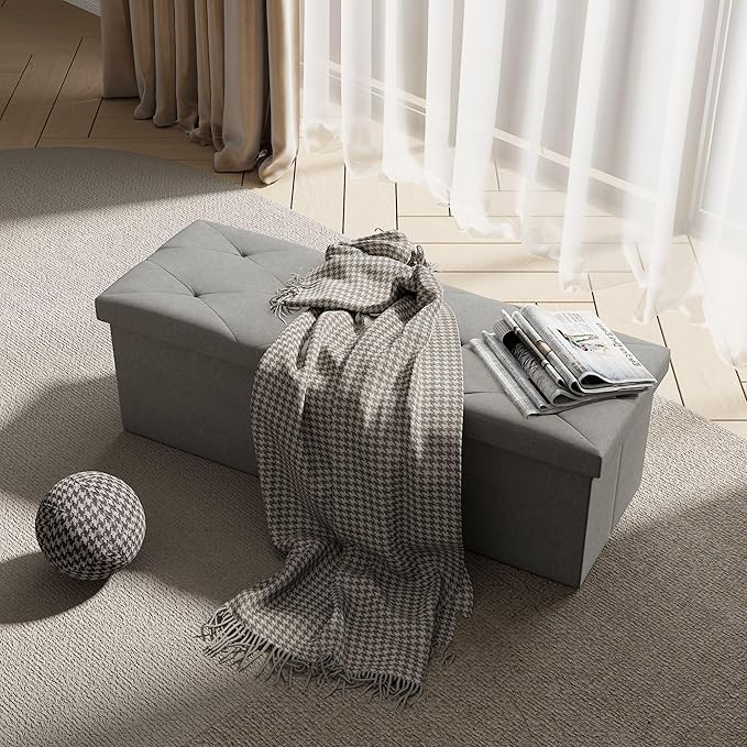 VECELO 43'' Folding Storage Ottoman Bench, Storage Chest, Linen Fabric Foot