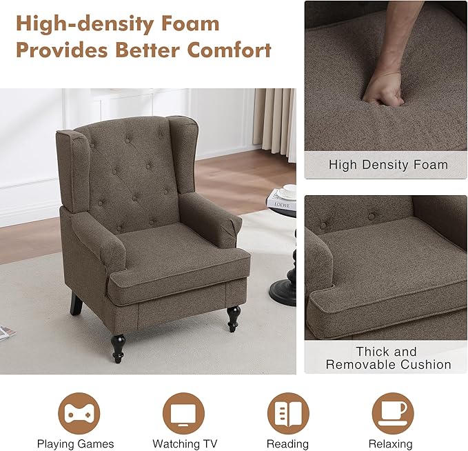 Accent Chair for Living Room, Mid Century Modern Upholstered Armchair, Wingback