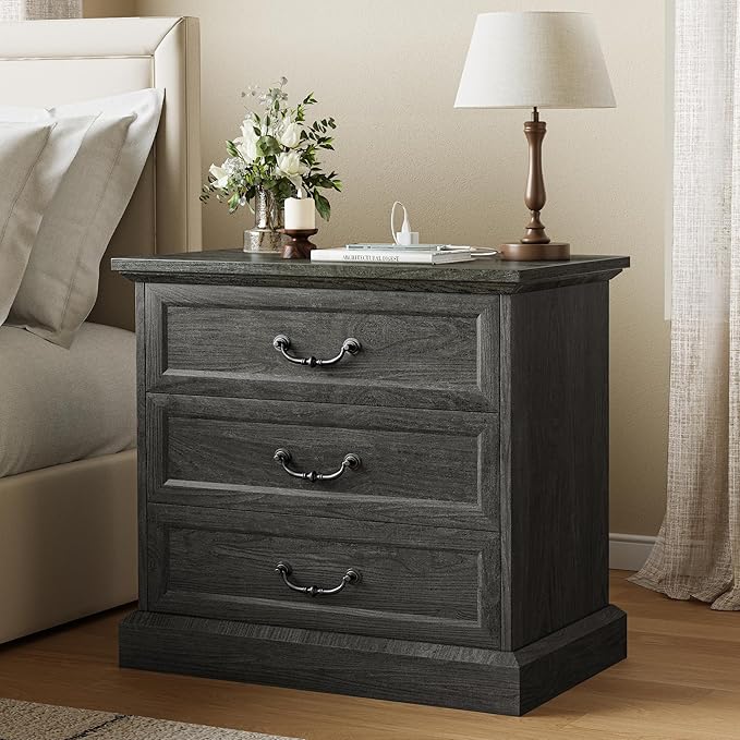 Huuger Nightstand with Charging Station, 3 Drawer Night Stand, 22 Inch Wider