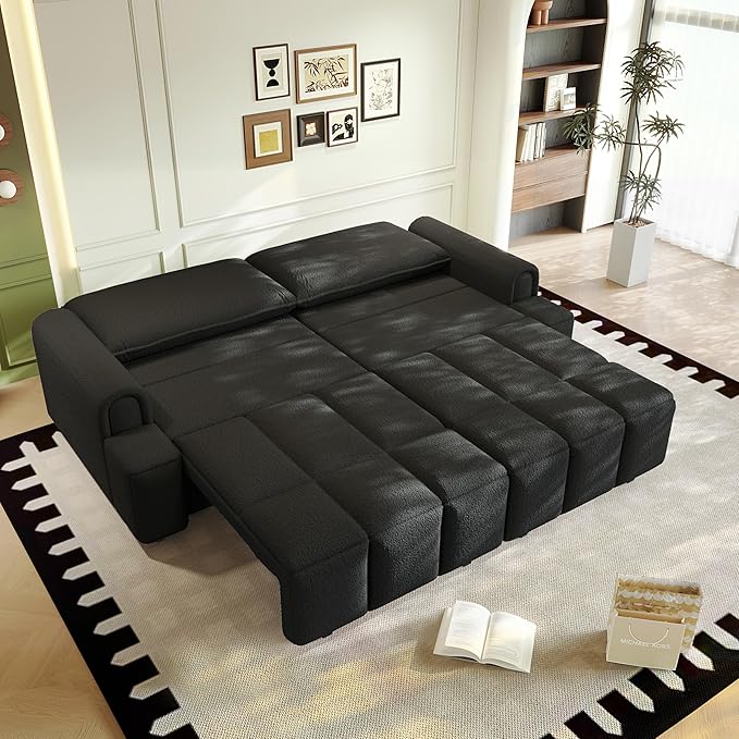KEIKI 90.2" Modern 3-in-1 Sleeper Sofa Bed – Teddy Fabric 4-Seater Couch