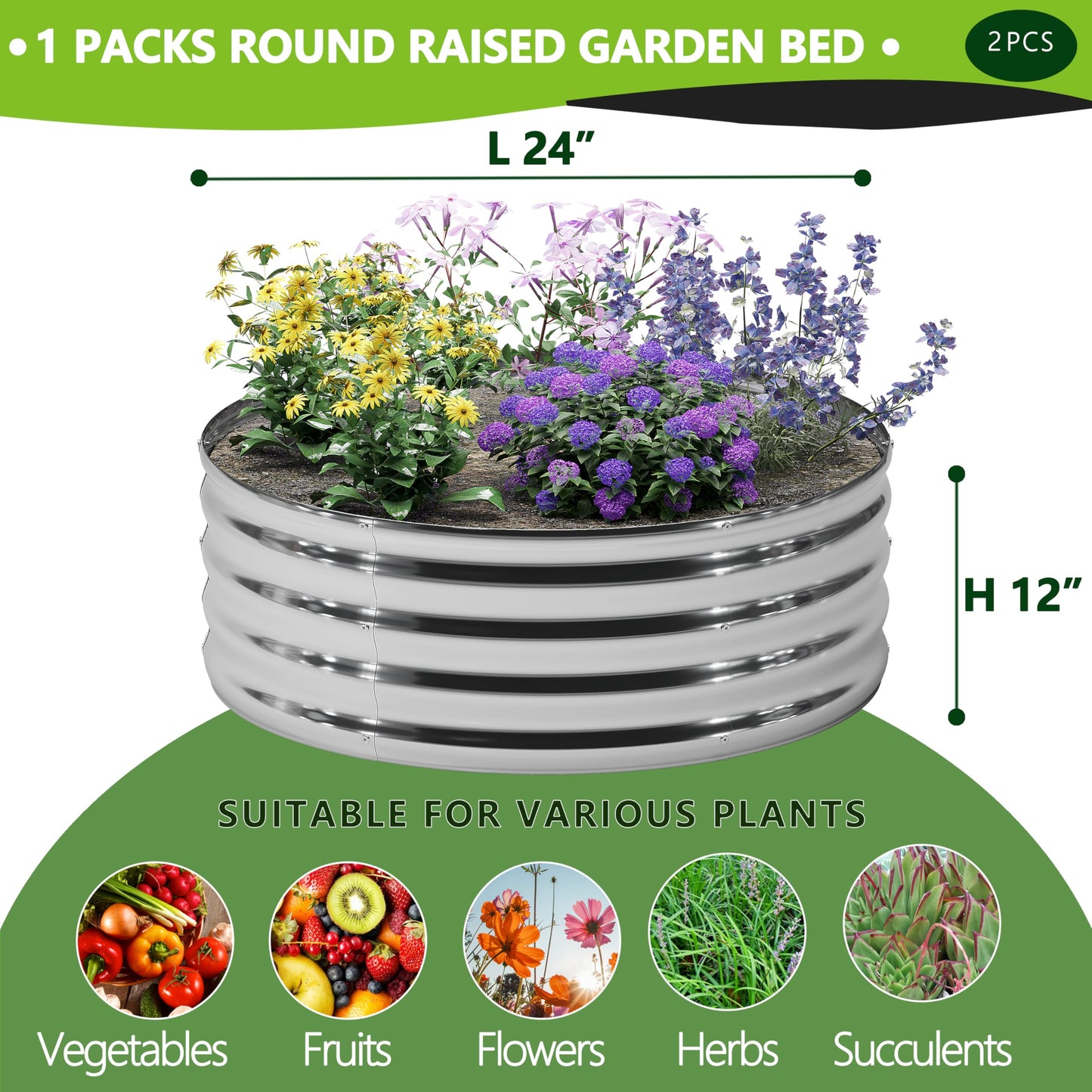 DIIYIV 2Pack 2x2x1ft Galvanized Raised Garden Bed, Planter Raised Garden Beds Outdoor, Round Clearance Raised Garden Beds for Gardening Vegetables