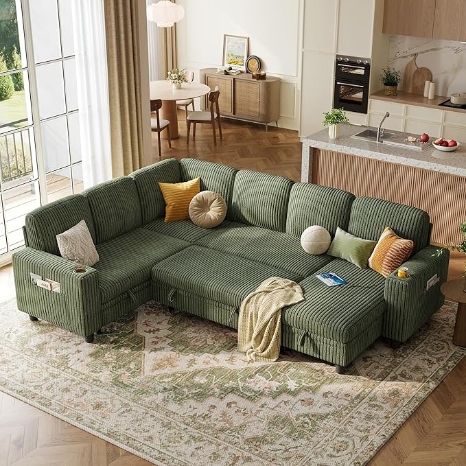 LINSY HOME Sectional Sofa with Pull Out Bed, 6 Seats Corduroy Reversible